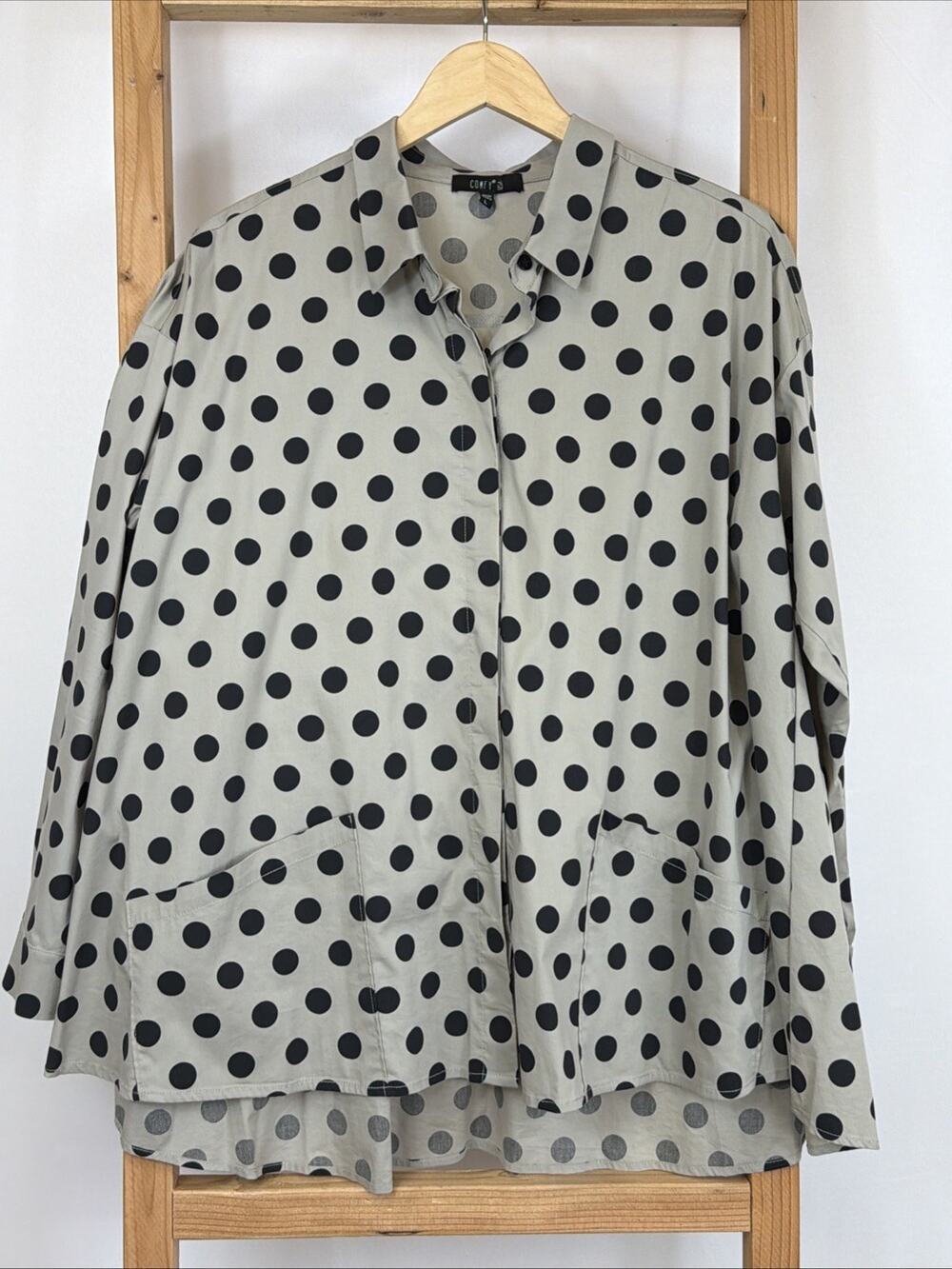 Comfy Taupe & Black Polka Dot High Low Hem Top LARGE Made in USA Cotton Blend